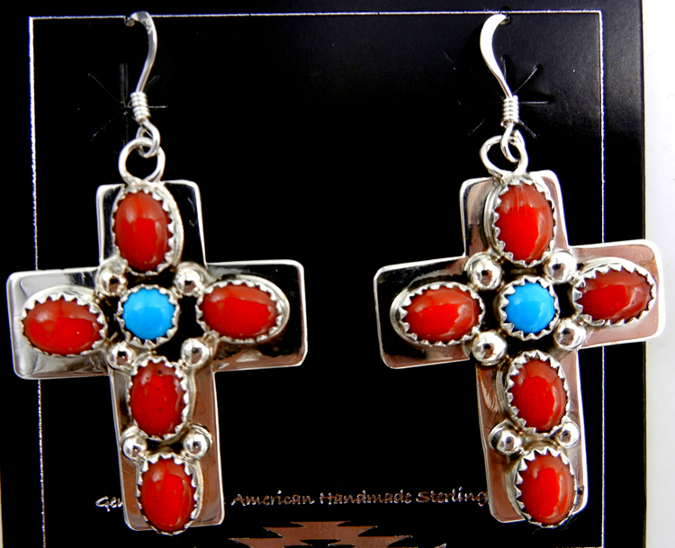Navajo coral, turquoise and sterling silver cross dangle earrings