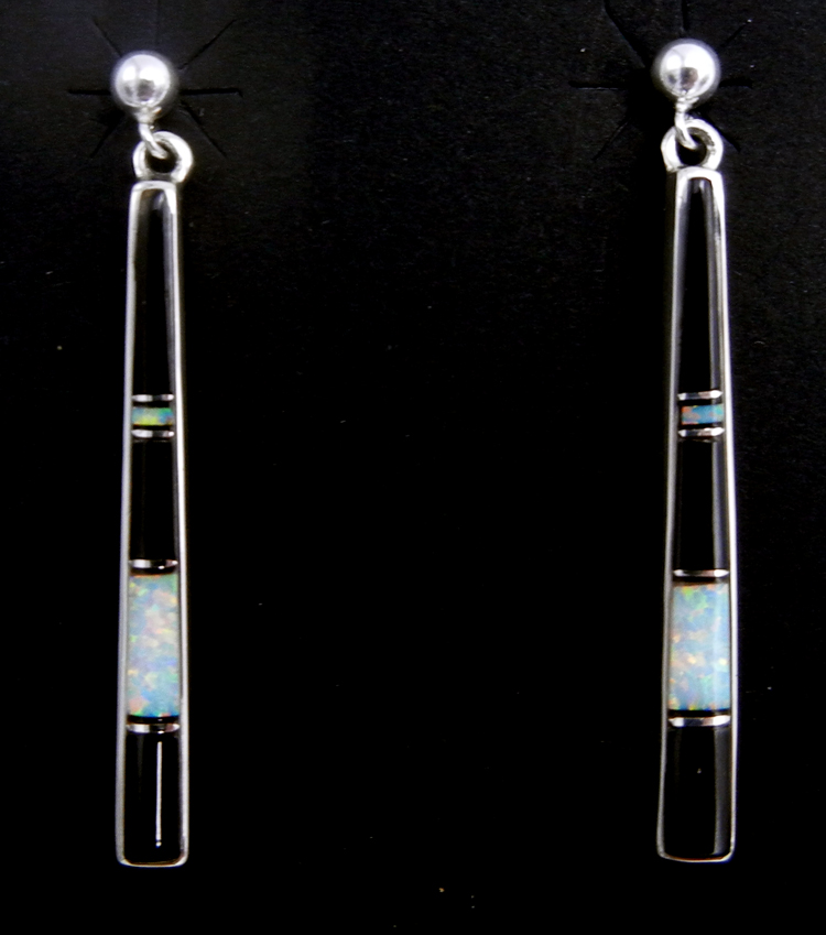 Navajo jet, white lab opal and sterling silver post dangle earrings by Rick Tolino
