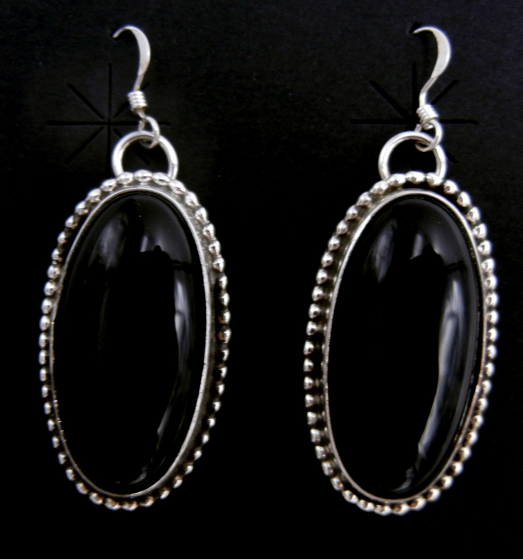 Navajo onyx and sterling silver dangle earrings by Leonard and Racquel Hurley