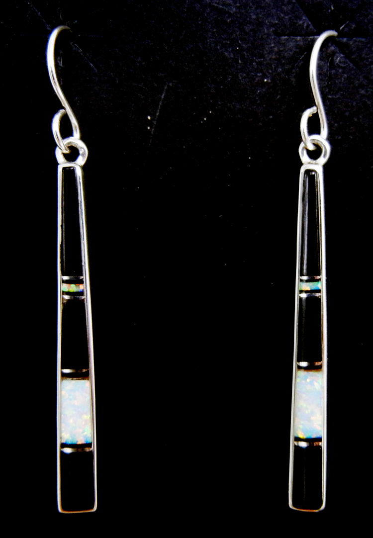 Navajo jet, white lab opal and sterling silver inlay dangle earrings by Rick Tolino