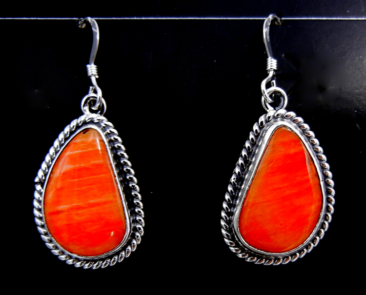 Navajo orange spiny oyster shell and sterling silver dangle earrings