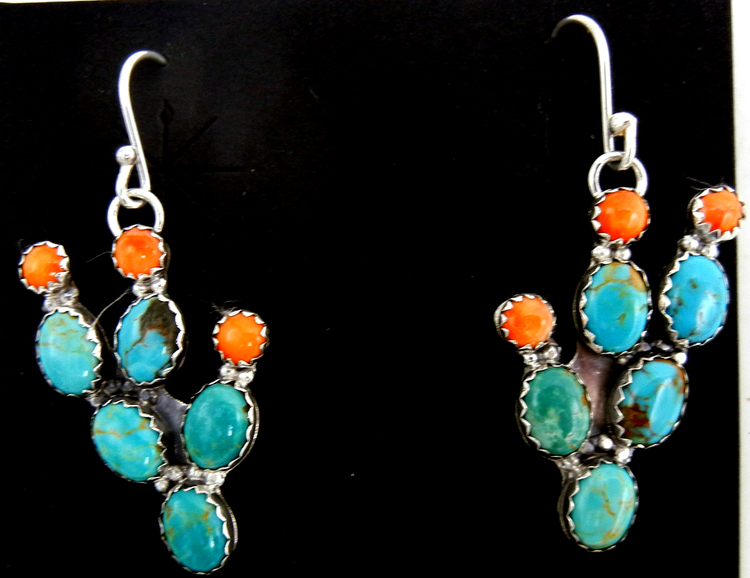 Navajo turquoise, orange spiny oyster shell and sterling silver prickly pear cactus earrings by Ted Secatero