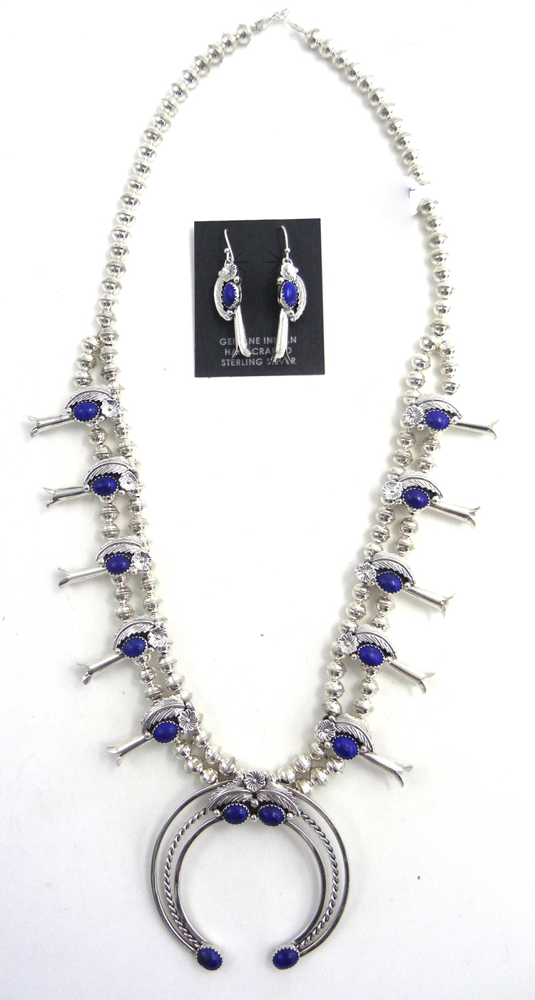 Navajo lapis and sterling silver squash blossom necklace and earring set