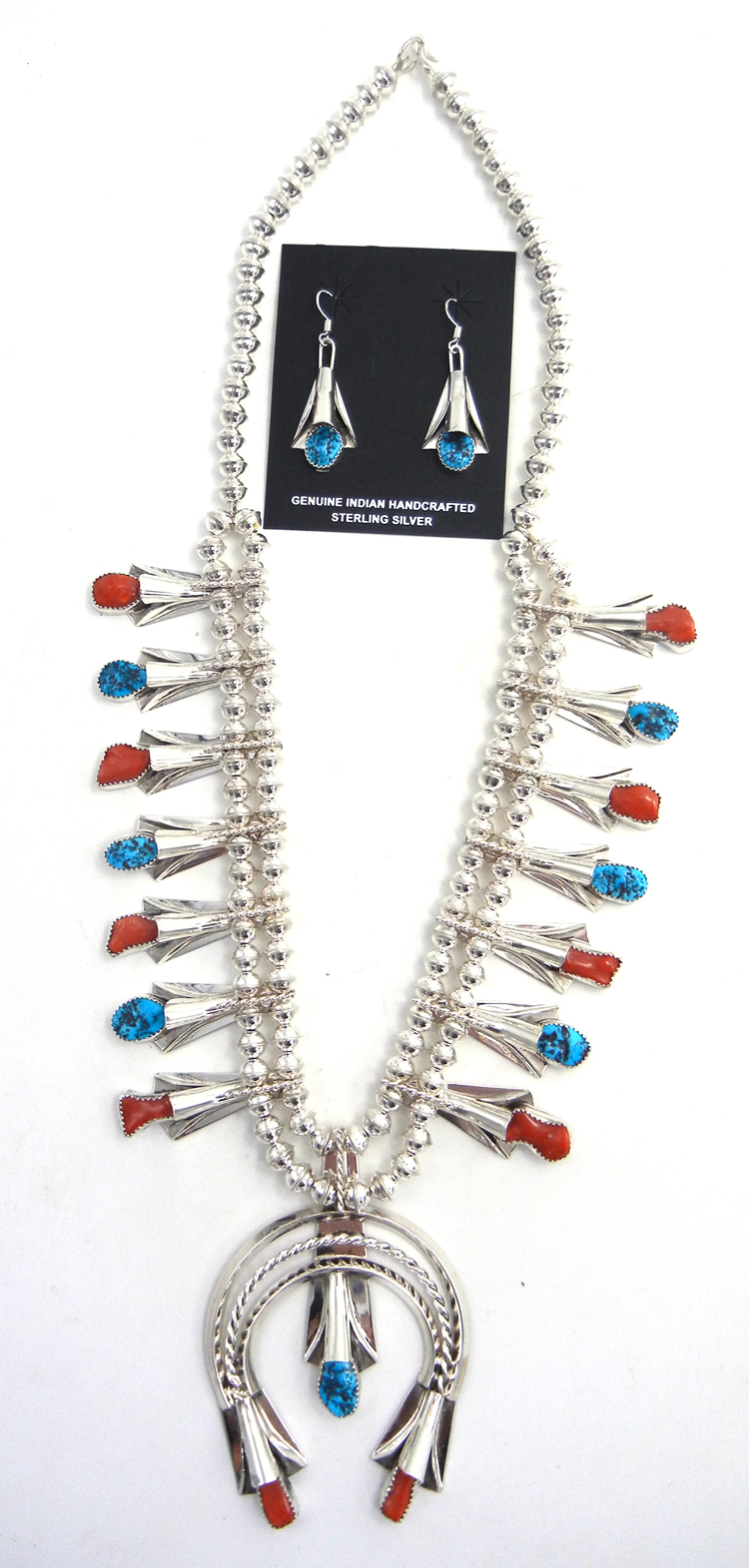 Navajo turquoise, coral and sterling silver squash blossom necklace and earring set