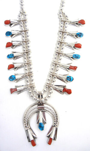 Navajo Turquoise, Coral and Sterling Silver Squash Blossom Necklace and Earring Set