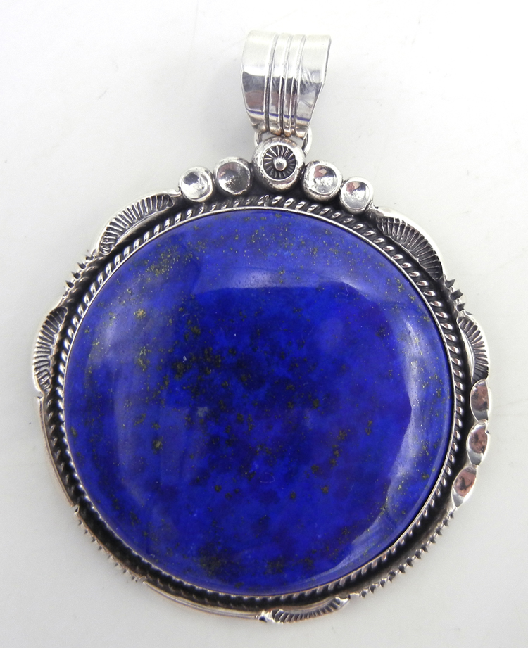 Navajo large round lapis and sterling silver pendant by Will Denetdale