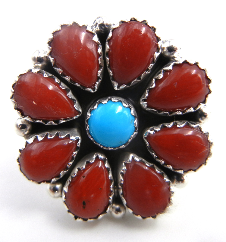 Navajo coral, turquoise and sterling silver cluster ring