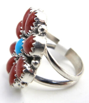 Navajo Coral, Turquoise and Sterling Silver Cluster Ring