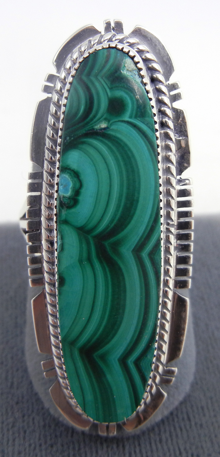 Navajo large oval malachite and sterling silver ring