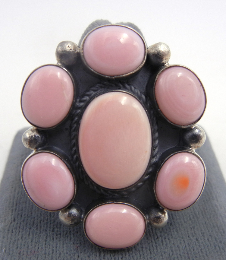 Navajo adjustable pink conch and sterling silver cluster ring