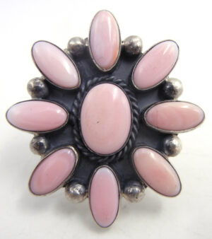 Navajo pink conch and brushed sterling silver adjustable cluster ring