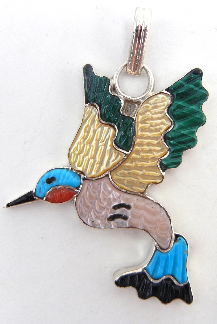 Zuni multi-stone inlay and sterling silver hummingbird pendant by Tamara Pinto