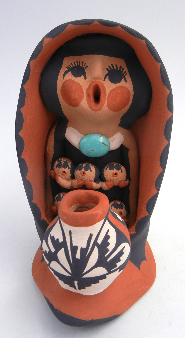Jemez handmade storyteller figurine with six children and pottery jar by Caroline Sando