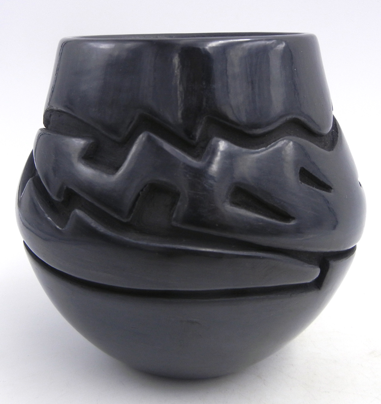 Santa Clara black etched and polished avanyu jar by Vicki Martinez