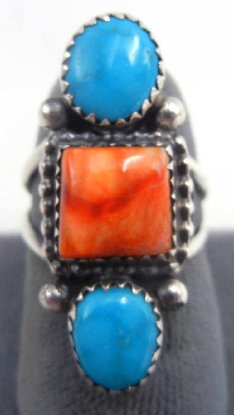 Navajo double turquoise, orange spiny oyster shell and sterling silver ring