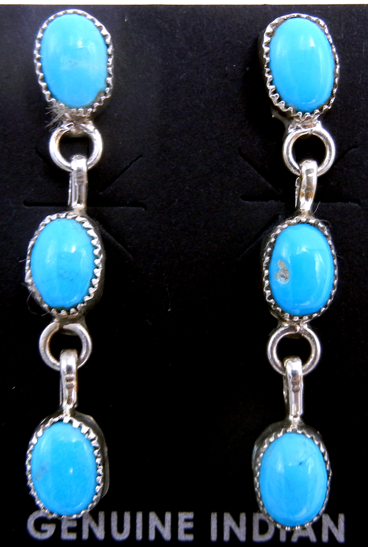Zuni small triple turquoise and sterling silver post dangle earrings