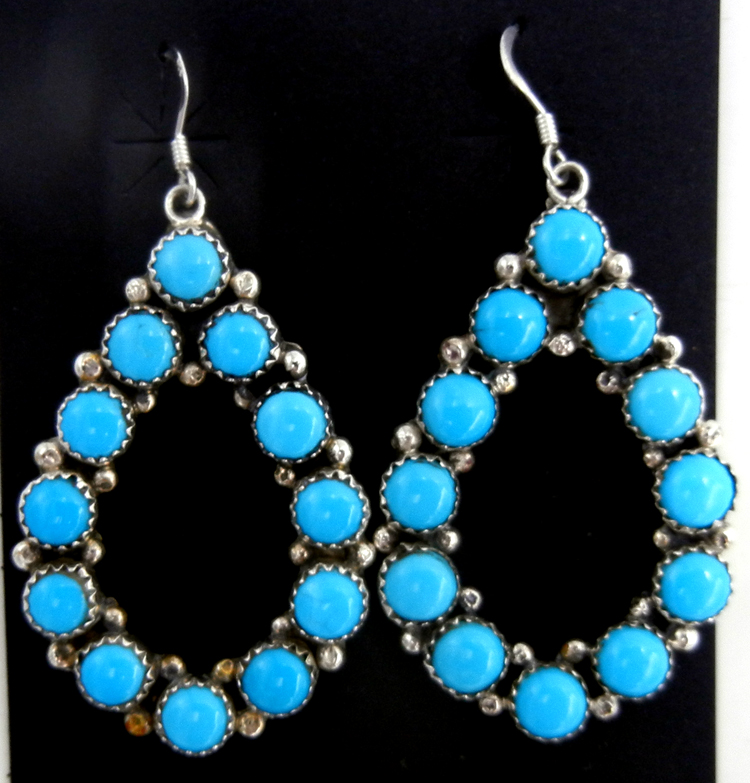 Zuni cut out turquoise and sterling silver tear drop dangle earrings