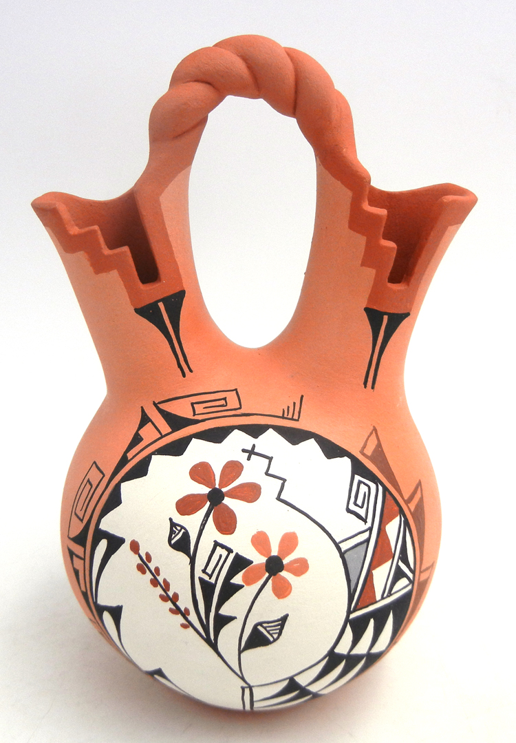 Jemez handmade polychrome wedding vase with twisted handle, flower and weather patterns by Carol Lucero Gachupin