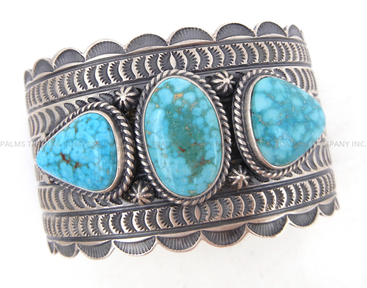 Navajo three stone turquoise and sterling silver wide band stamped cuff bracelet by June Delgarito