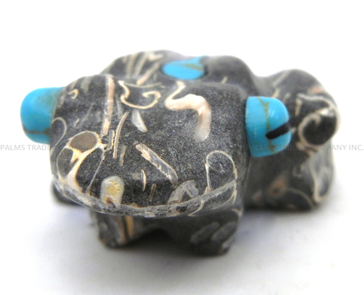 Zuni carved stone fossilized sea geode and turquoise frog fetish by Andres Lementino