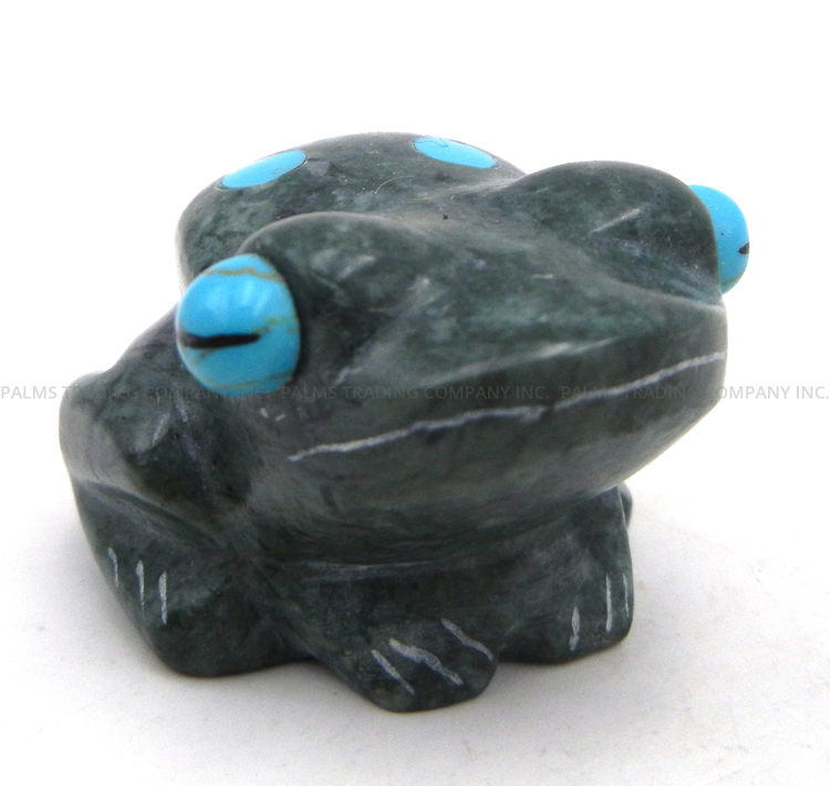 Zuni carved verasite frog fetish with turquoise accents by Andres Lementino