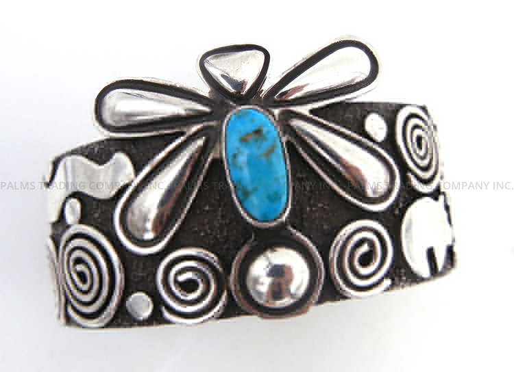 Navajo sterling silver and turquoise petroglyph style cuff bracelet with dragonfly by Alex Sanchez