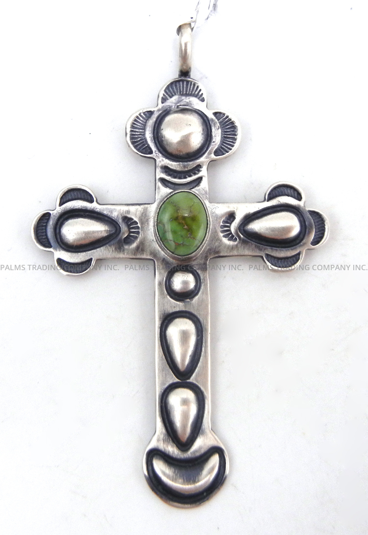 Navajo green turquoise and sterling silver repousse cross pendant