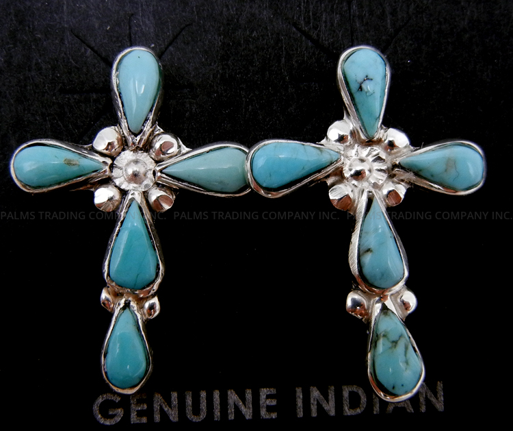 Zuni turquoise and sterling silver cross post earrings