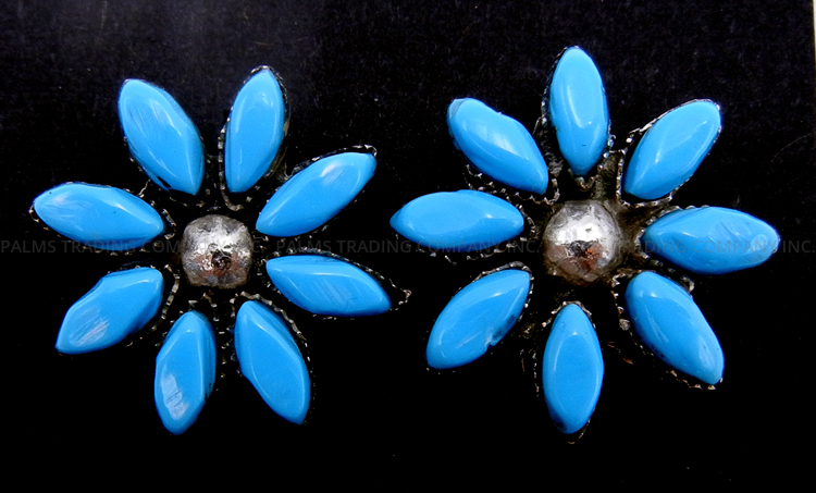 Zuni small turquoise and sterling silver floral pattern post earrings