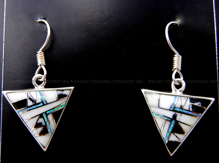 Zuni multi-stone inlay and sterling silver triangle dangle earrings