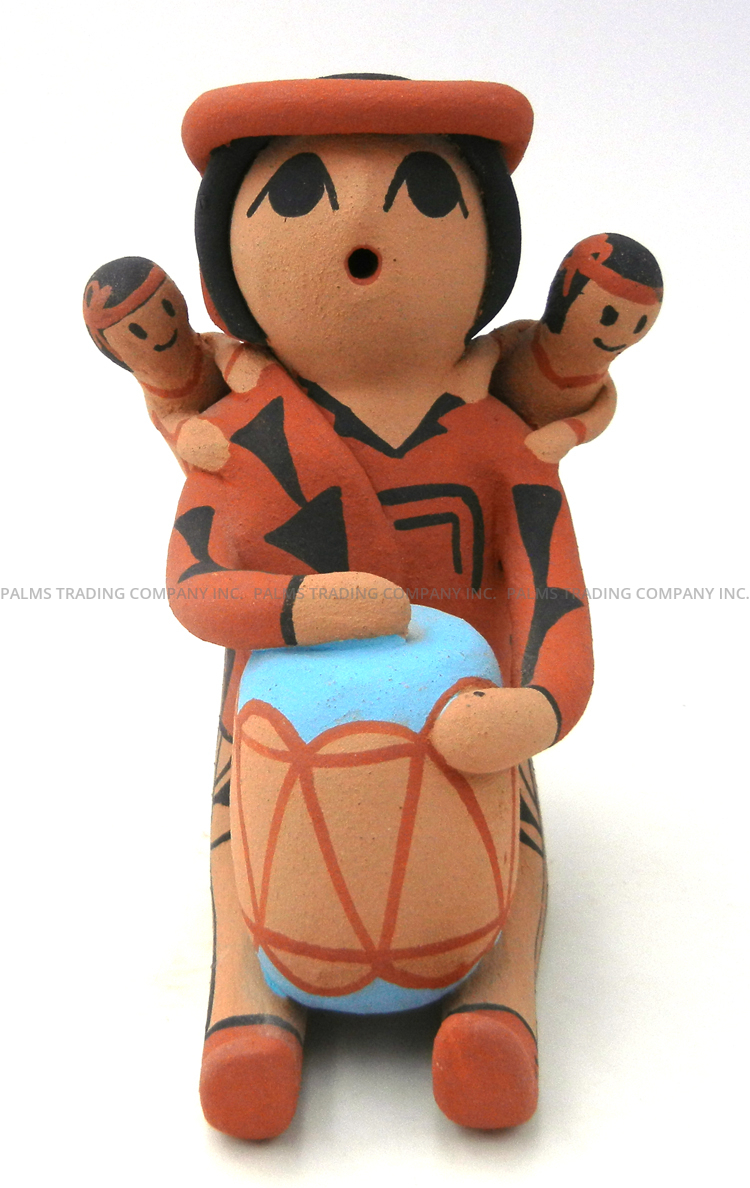 Jemez seated male storyteller figurine with two children and drum by Pamela Toya