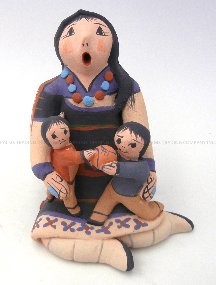 Jemez seated female storyteller figurine with two children by Mary Lucero