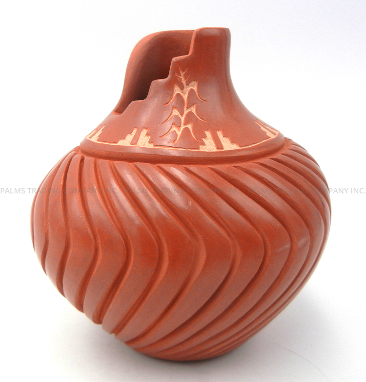 Jemez red handmade, etched and polished melon style vase by Avlina Yepa