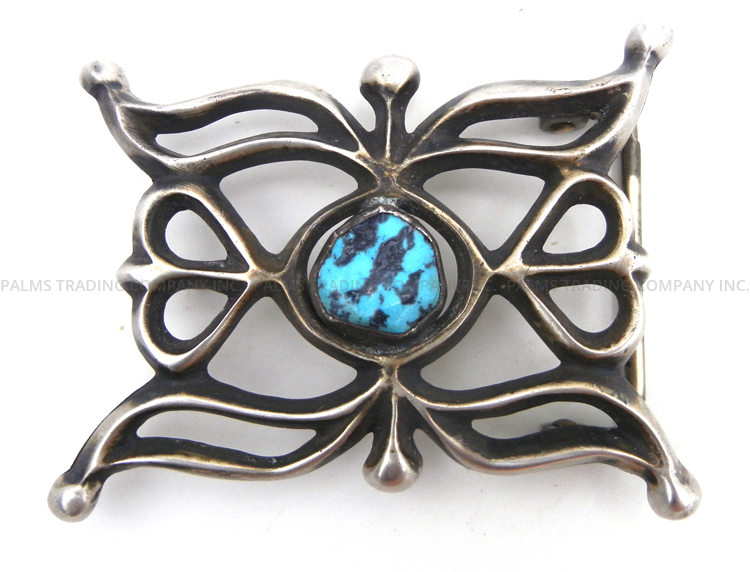 Navajo vintage sandcast sterling silver and turquoise belt buckle