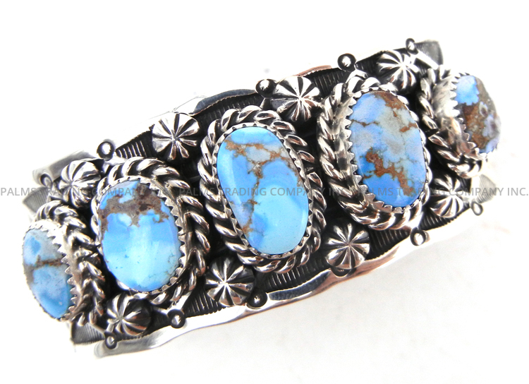 Navajo Golden Hills turquoise and sterling silver row cuff bracelet by Elroy Chavez