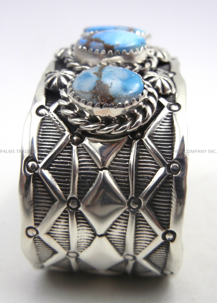 Navajo Elroy Chavez Golden Hills Turquoise and Sterling Silver Row Cuff Bracelet - Image 3