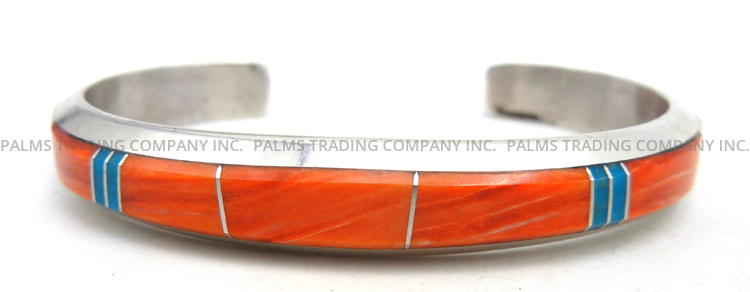 Navajo orange spiny oyster, turquoise and sterling silver channel inlay cuff bracelet by Wayne Muskett