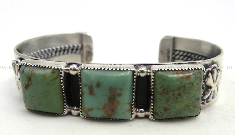 Navajo triple green turquoise and sterling silver row cuff bracelet