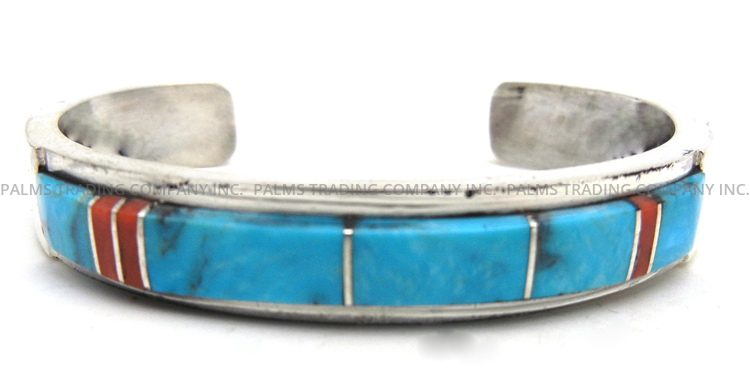 Navajo turquoise, coral and sterling silver channel inlay cuff bracelet by Kyle Yellowhair