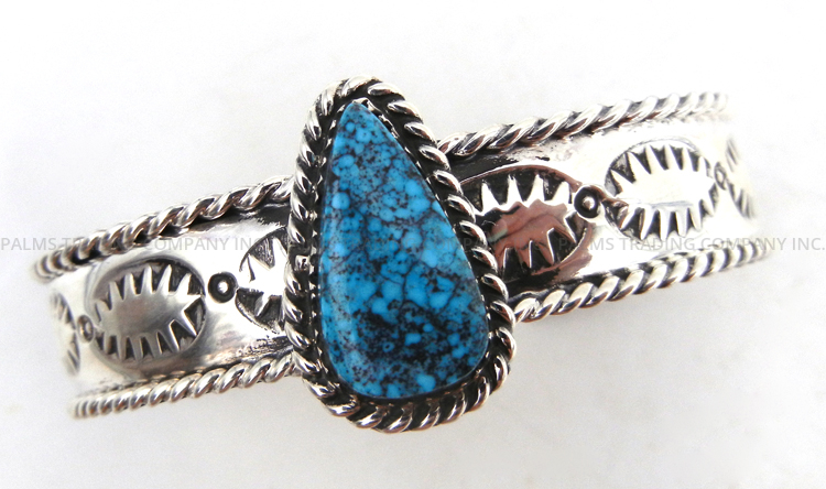 Navajo turquoise and stamped sterling silver cuff bracelet by Jason Bahe