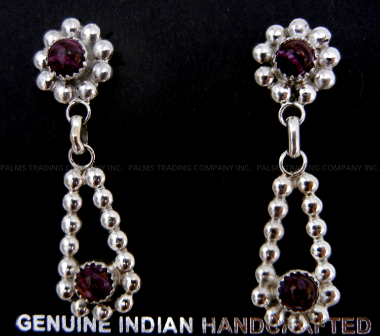Navajo purple spiny oyster shell and sterling silver dot post dangle earrings