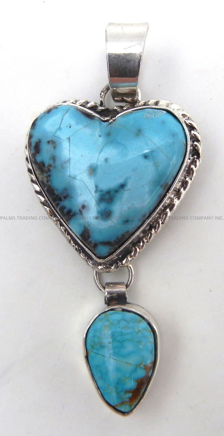 Navajo double turquoise and sterling silver heart and tear drop pendant