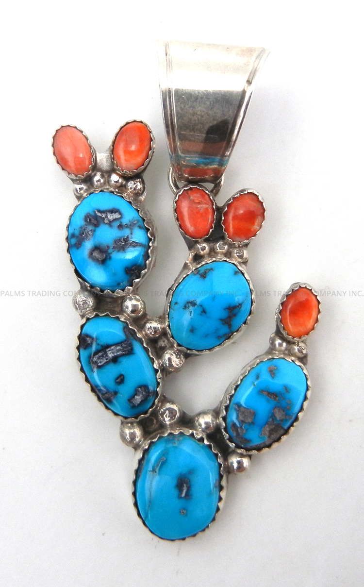 Navajo turquoise, orange spiny oyster shell and sterling silver prickly pear cactus pendant by Ted Secatero