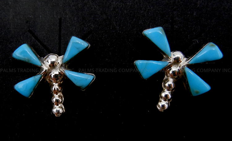 Zuni small turquoise and sterling silver dragonfly post earrings