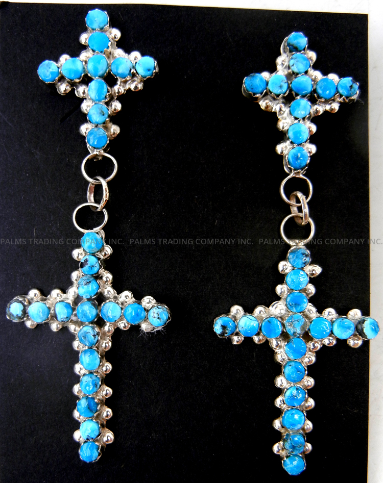 Navajo double turquoise and sterling silver cross post dangle earrings