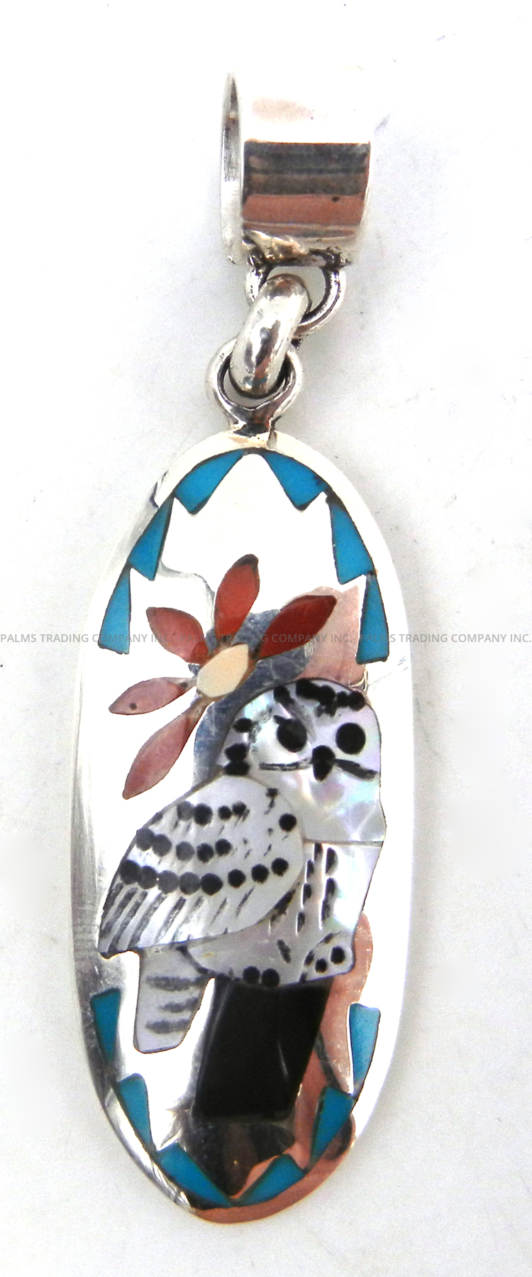 Zuni multi-stone inlay and sterling silver owl pendant by Quintin Quam