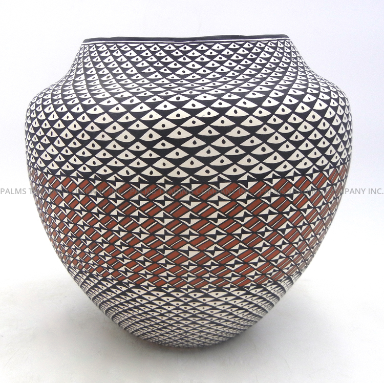 Acoma large handmade and hand painted polychrome weather pattern jar by Sharon Stevens