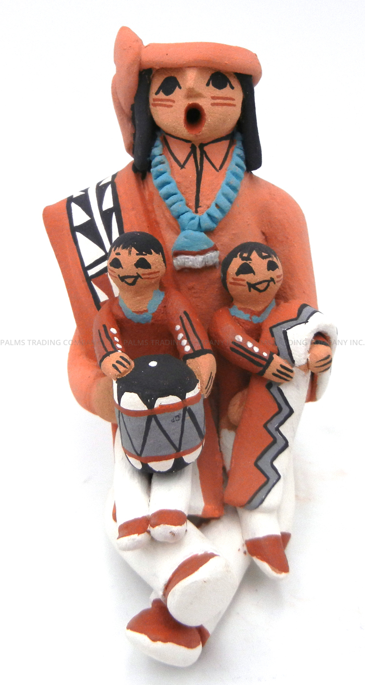 Jemez seated male storyteller figurine with two children by Carol Lucero Gachupin