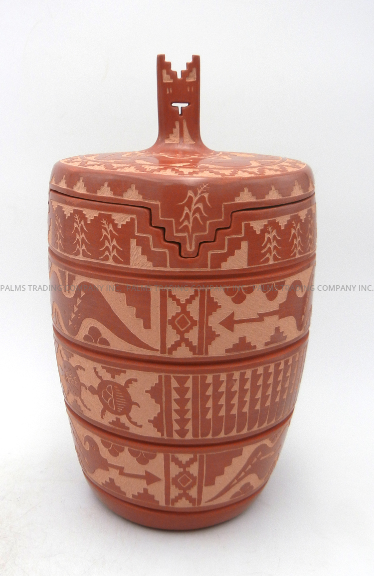 Jemez handmade, etched and polished lidded multi-pattern vase by Alvina Yepa