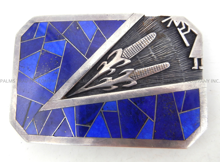 Hopi/Zuni vintage sterling silver overlay and lapis and sterling silver inlay belt buckle